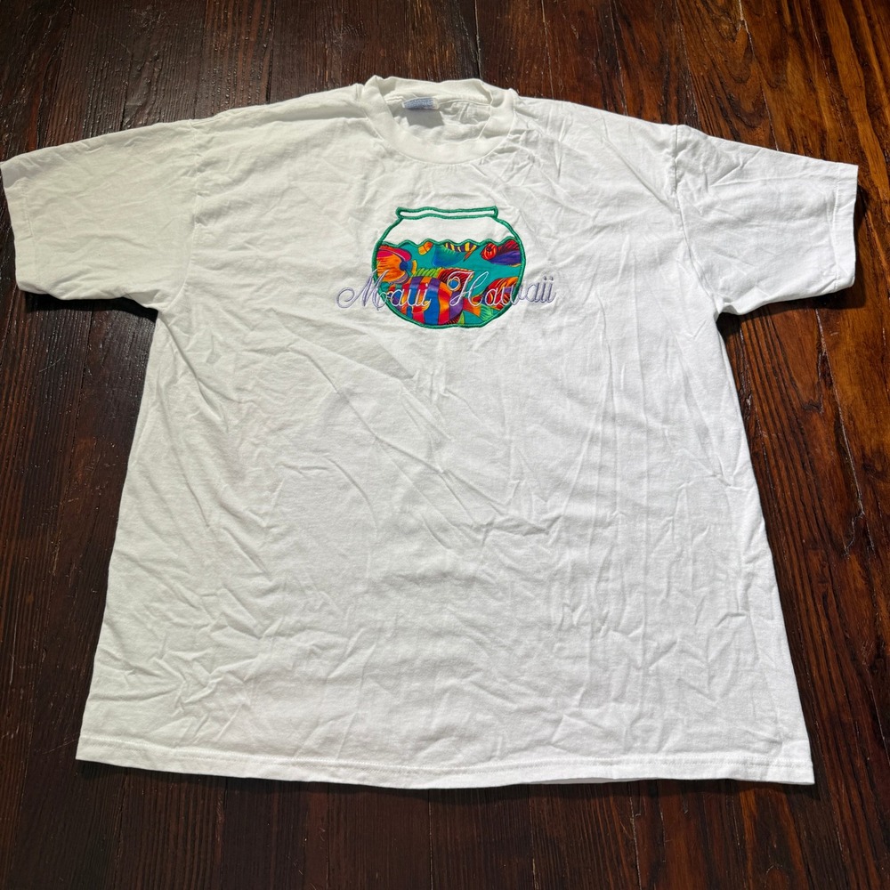 Vintage 90s Maui Hawaii T Shirt Mens‎ XL White Fishbowl Hanes Single Stitch